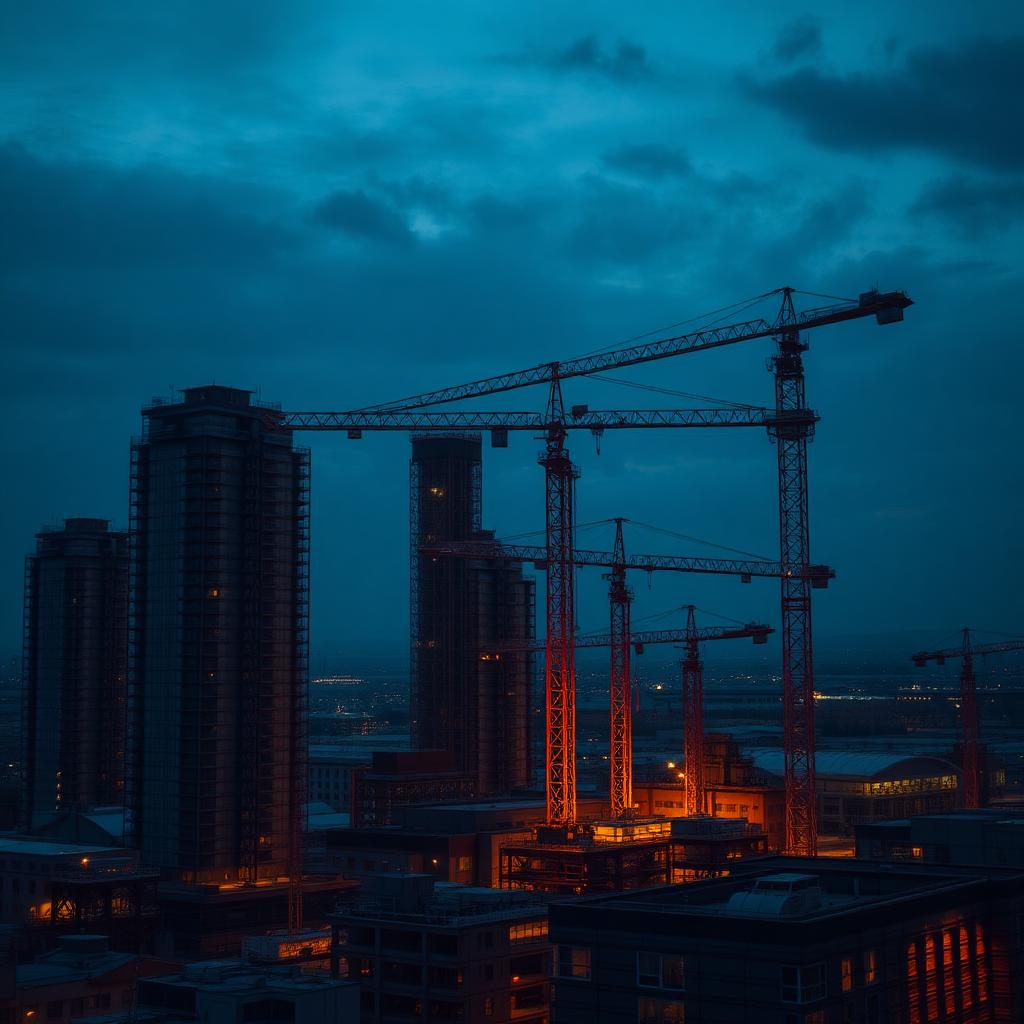 Canteiro de obras corporativas com guindastes ao entardecer